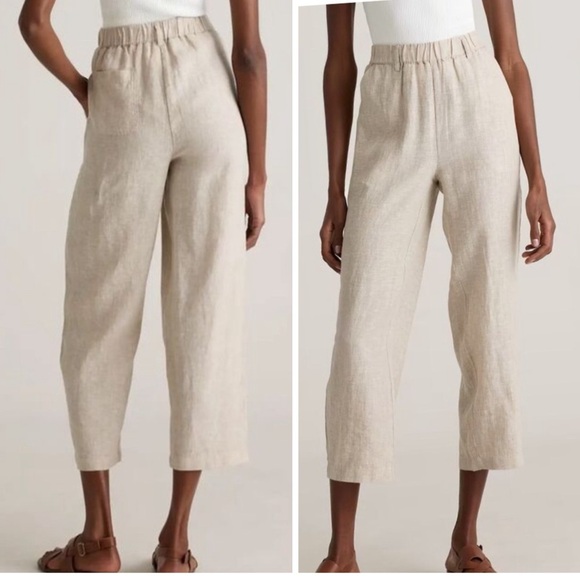 Quince 100% Linen Pants Womens Size XL Beige Pull On Elastic Cropped Tapered - Picture 1 of 11